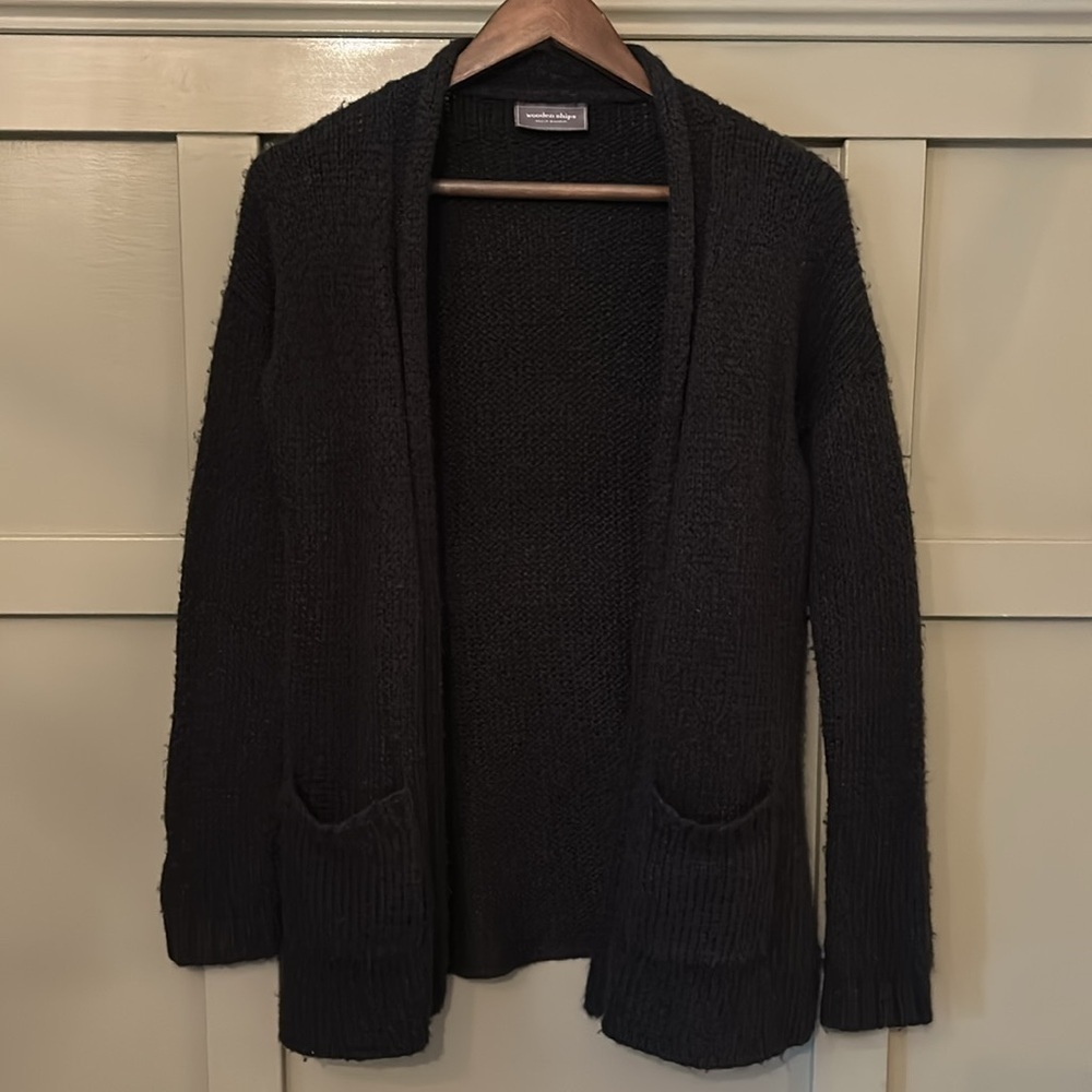 Wooden Ships Black Open Front Cardigan Sweater Mohair Wool Pockets XS / Small